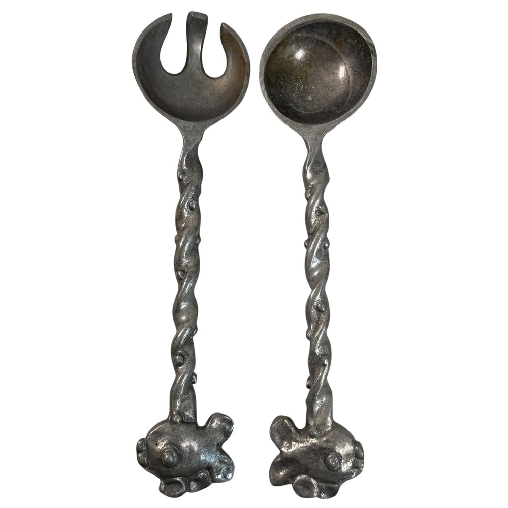 Vintage Cast Metal Fish‎ Handle Salad Servers Twisted Stem Spoon Fork Set 13"